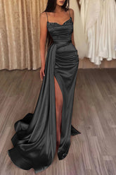 Mermaid Spaghetti Straps Dark Grey Long Prom Dress with Split Front