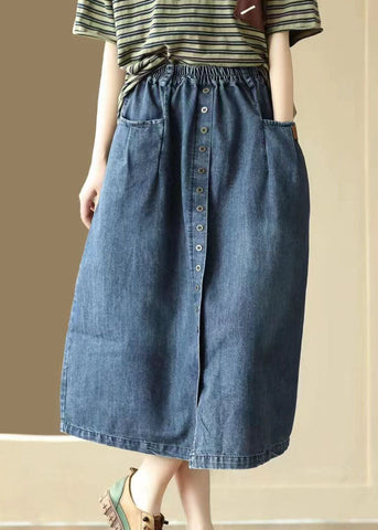 Blue Pockets Patchwork Denim Skirts Wrinkled Elastic Waist Summer Blue Pockets Patchwork Denim Skirts Wrinkled Elastic Waist Summer