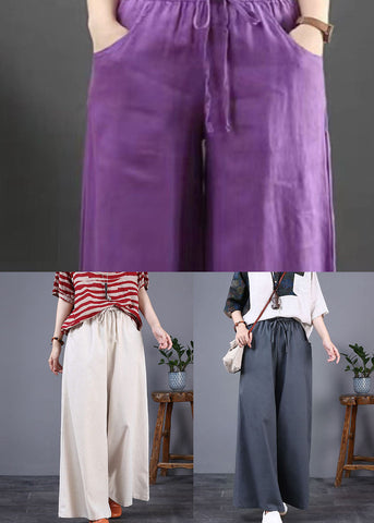 Boho Purple Pockets Elastic Waist Cotton Wide Leg Pants Summer Boho Purple Pockets Elastic Waist Cotton Wide Leg Pants Summer