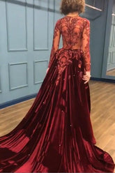 Charming Beading Burgundy Evening Gowns Long Sleeves Prom Dresses with Appliques