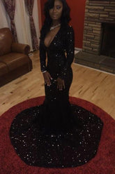 Charming Black Sequins Long Sleeves Deep-V-Neck Alluring Prom Dresses