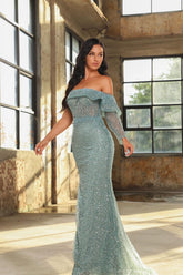 Charming Long Sleeves Mermaid Sequins Evening Party Gowns Long Slit Online