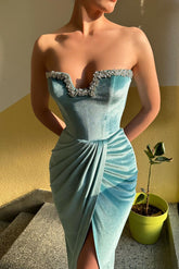 Charming Long Strapless Crystal Front Split Long Velvet Evening Party Gowns