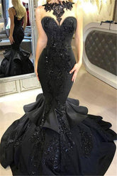Chic Black Mermaid Formal DressesLong Sequins Ruffles Party Gowns