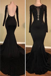 Chic Black Mermaid Formal DressesLong Sleevess With Lace Appliques