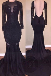 Chic Mermaid Black Long Sleeves Backless Appliques Formal Dresses