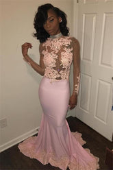 Chic Mermaid Pink High-Neck Prom Dresses Long Sleeves Appliques Evening Gowns with Beadings