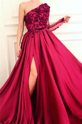 Chic One Shoulder Front Slit Burgundy Evening Gowns Party Dresses Affordable One Sleeve Appliques Long Prom Dresses