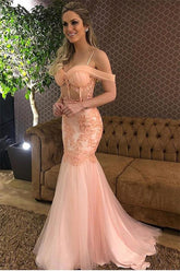 Chic Pink Off-The-Shoulder Applique Tulle Mermaid Formal Dresses
