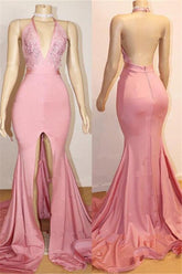 Chic Pink Party Dresses Backless Lace Evening Gown With Slit