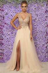 Chic Sleeveless V-Neck Long Evening Dresses Tulle Crystals Split Formal Dresses