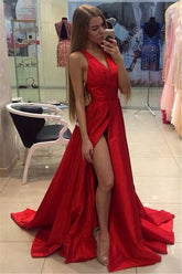 Chic Split Prom Dresses V-Neck Stretch Satin Evening Gowns