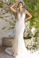 Beaded Stretch Knit Sheath Long Wedding Dress