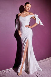 Long high-slit off-shoulder, backless satin fashion wedding dress