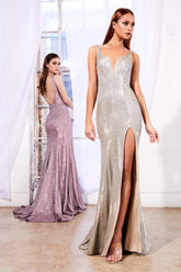 Long Metallic Prom Sexy Slit Gown