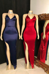 Classic V-Neck Spaghetti Front Slit Satin Mermaid Prom Dresses