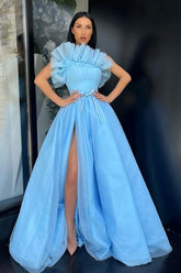 Classy Blue A-lineTulle Floor-length Prom Dress Side-cut