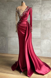 Classy Burgundy Long Sleeves Prom Dresses Mermaid With Beadings