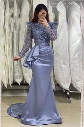 Classy Lavender Long Mermaid High Neck Beading Evening Party Gowns With Long Sleeves