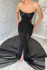 Classy Long Black Strapless Front Split Long Evening Party Gowns