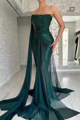 Classy Long Dark Green Mermaid Sleeveless Evening Party Gowns Long Slit Online