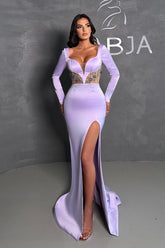 Classy Long Lilac Mermaid Beading Long Sleeves Evening Party Gowns Long Slit Online