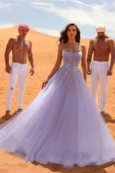 Classy Long Lilac Sleeveless Crystals Tulle Evening Party Gowns
