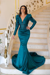 Classy Long Mermaid V-neck Beading Evening Party Gowns With Long Sleeves