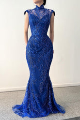 Classy Long Royal Blue High Neck Lace Sleeveless Evening Party Gowns With Detachable Train