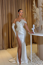 Classy Long White Mermaid Glitter Sleeveless Evening Party Gowns Long Slit Online