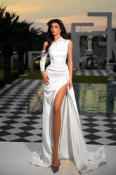 Classy Long White One Shoulder Sleeveless Evening Party Gowns With Pearls