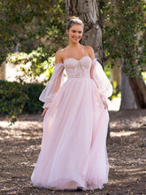 A-line Corset Off The Shoulder Floor Length Tulle Prom Dress with lace appliques