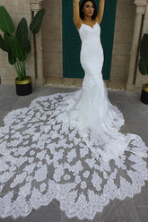Bmbridal White Lace Wedding Dress Mermaid Sleeveless Long Train