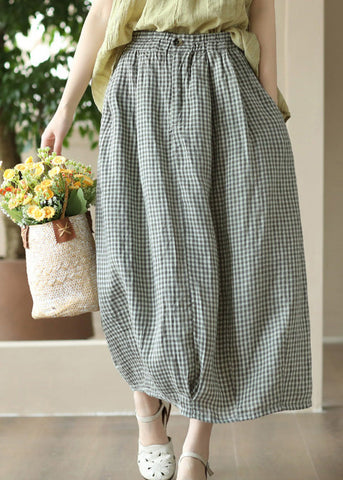 Boutique Grey Green Plaid Elastic Waist Linen Maxi Skirt Summer Boutique Grey Green Plaid Elastic Waist Linen Maxi Skirt Summer