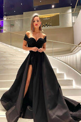 Bmbridal Off-the-Shoulder Black Prom Dress Lace Up Split Online