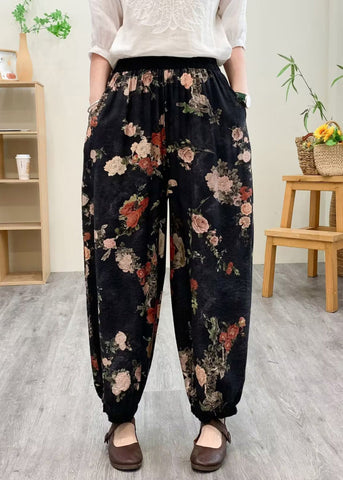 Black Print Silk Linen Lantern Pants Summer Black Print Silk Linen Lantern Pants Summer