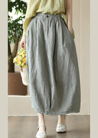 Boutique Grey Green Plaid Elastic Waist Linen Maxi Skirt Summer Boutique Grey Green Plaid Elastic Waist Linen Maxi Skirt Summer