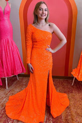 One Shouder Long Sleeves Sequins Mermaid Prom Dress with Slit