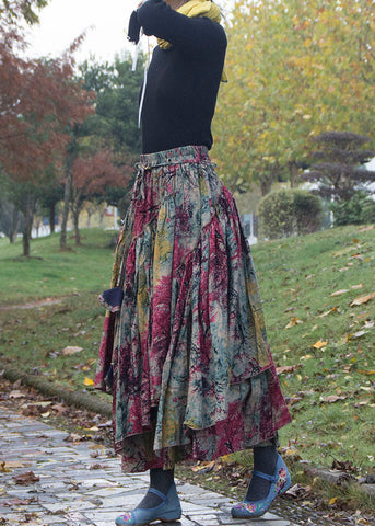 Bohemian Print Wrinkled Asymmetrical Patchwork Cotton Skirts Fall Bohemian Print Wrinkled Asymmetrical Patchwork Cotton Skirts Fall