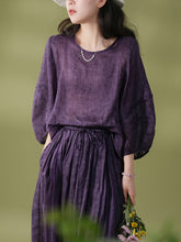 Women Summer Vintage Solid Drawstring Loose Shirt+Skirt