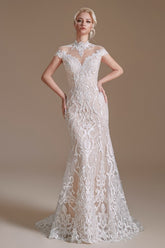 BMbridal Mermaid High Neck Wedding Dress Lace With Cap Sleeves