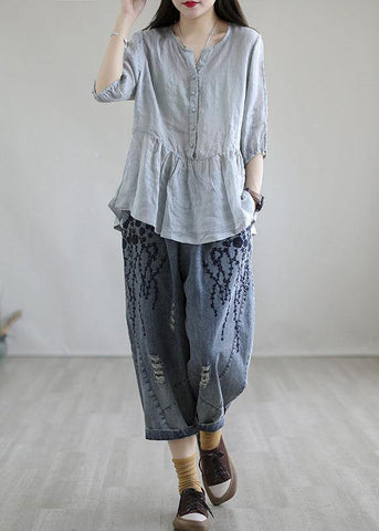 Boho Blue Embroideried Summer Denim Pants Boho Blue Embroideried Summer Denim Pants