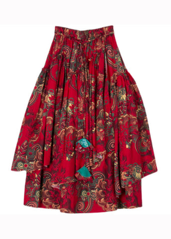 Bohemian Red Cinched Print Patchwork Exra Large Hem Cotton Skirts Fall Bohemian Red Cinched Print Patchwork Exra Large Hem Cotton Skirts Fall