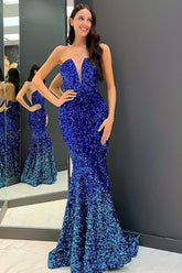 Sparkly Mermaid Sweetheart Royal Blue Sequins Long Prom Dress
