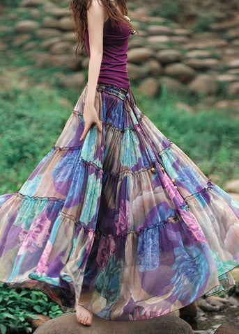 Bohemian Purple Drawstring Wrinkled Patchwork Print Chiffon Skirt Summer Bohemian Purple Drawstring Wrinkled Patchwork Print Chiffon Skirt Summer