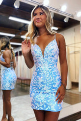 Unique Spaghetti Straps Light Blue Short Homecoming Dress with Criss Cross Back