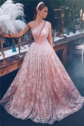 Bmbridal Pink One Shoulder Prom Dress Lace Long Evening Party Gowns
