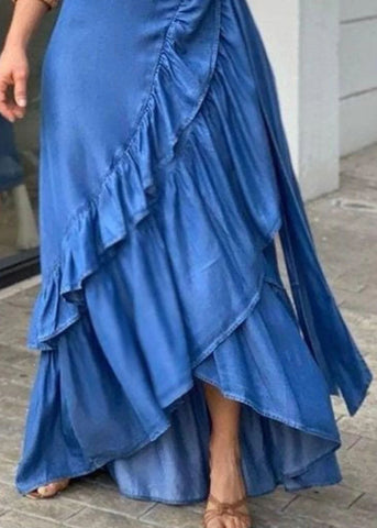 Bohemian Blue Ruffled Tie Waist Patchwork Denim Skirts Summer Bohemian Blue Ruffled Tie Waist Patchwork Denim Skirts Summer