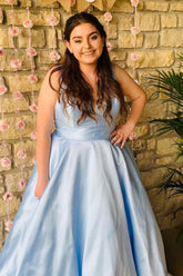 A Line Deep V Neck Light Blue Plus Size Prom Dress