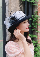 Elegant Grey Floral Tulle Patchwork Linen Cloche Hat